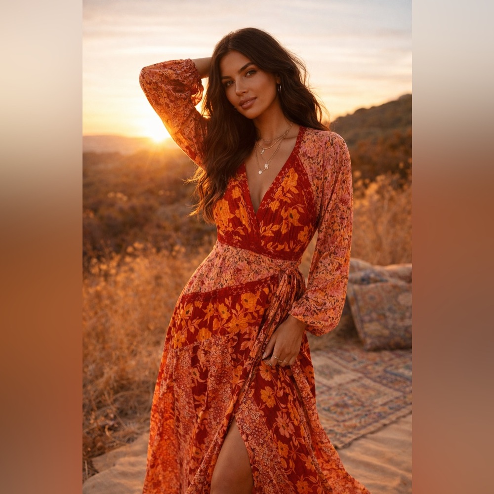 Free People Boho Patchwork Tilda Wrap Midi Dress XS Sunset Floral Lace Festival